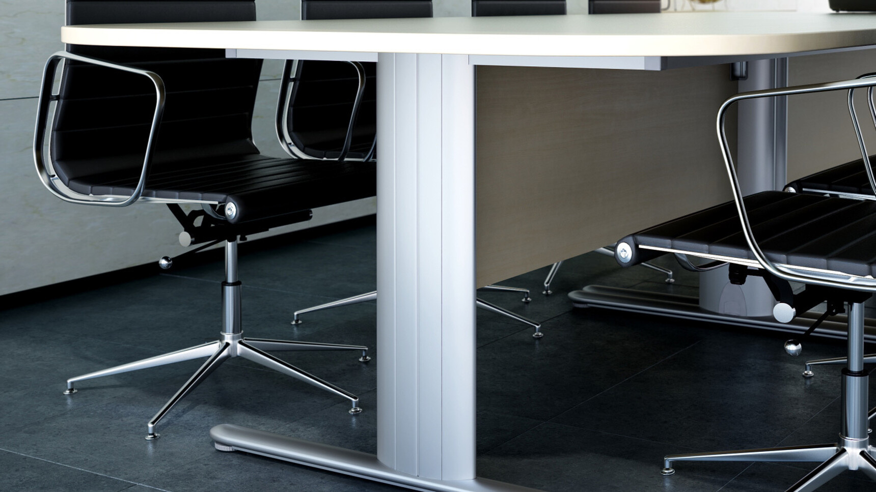 Elite Optima Plus Double D Ended Conference Table One Section Top With Wood Table Top Finish With Silver Metal Leg Finish With Six Elite Black Conference Chairs At Desk Detail Image