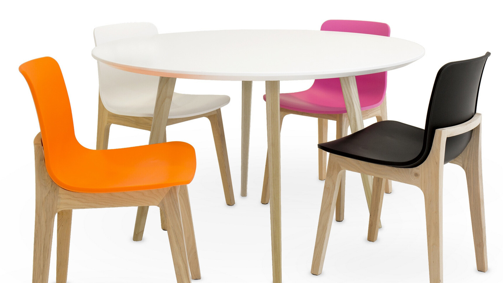 Elite Piazza Circular Meeting Table With White Table Top Finish With Wood Leg Finish With Four Bill Chairs With Plastic Seat And Backrests At Table