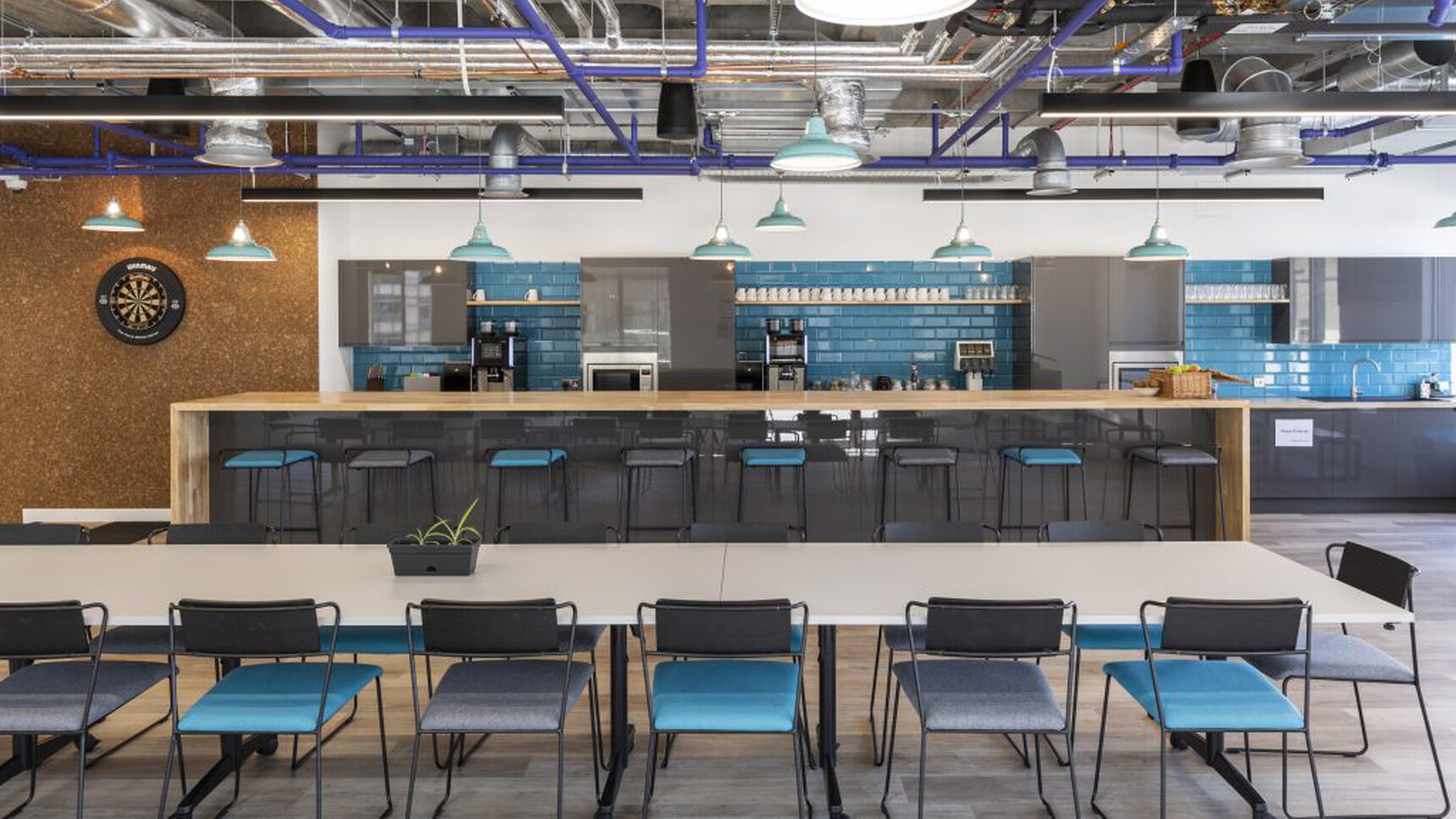 Workstories Transit Upholstered Cafe Chairs Blue And Dark Grey Upholstery In Office Environment