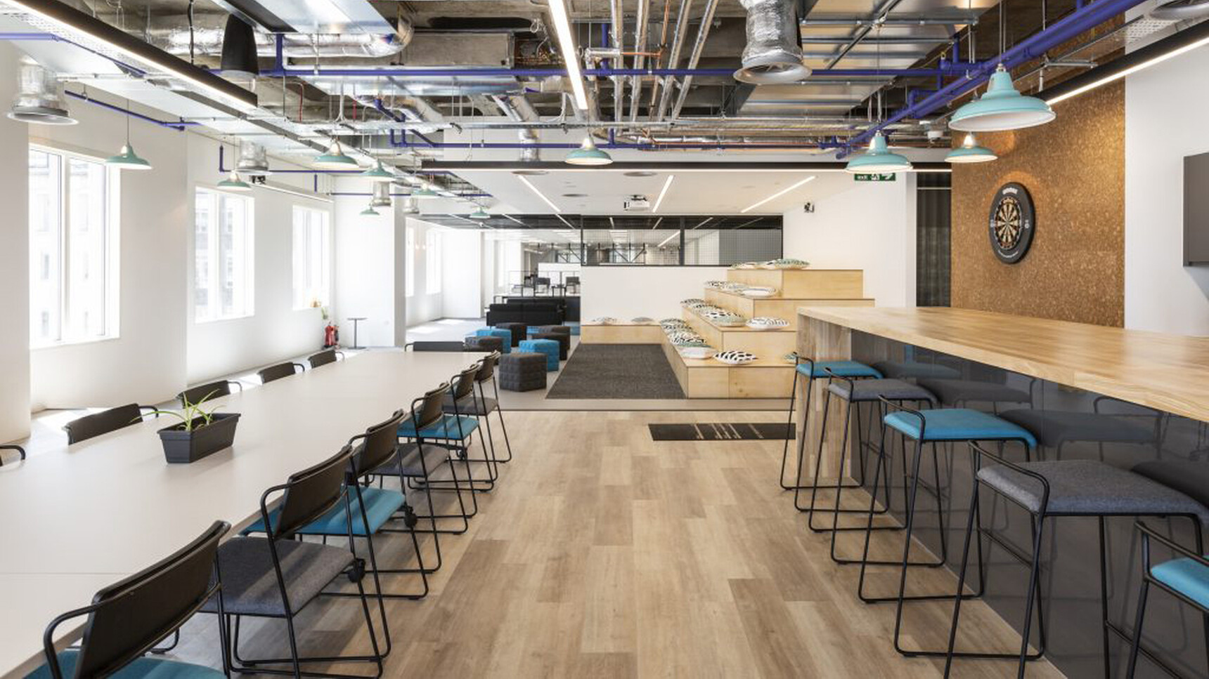 Workstories Transit Upholstered High Stools Blue Seats In Office Setting