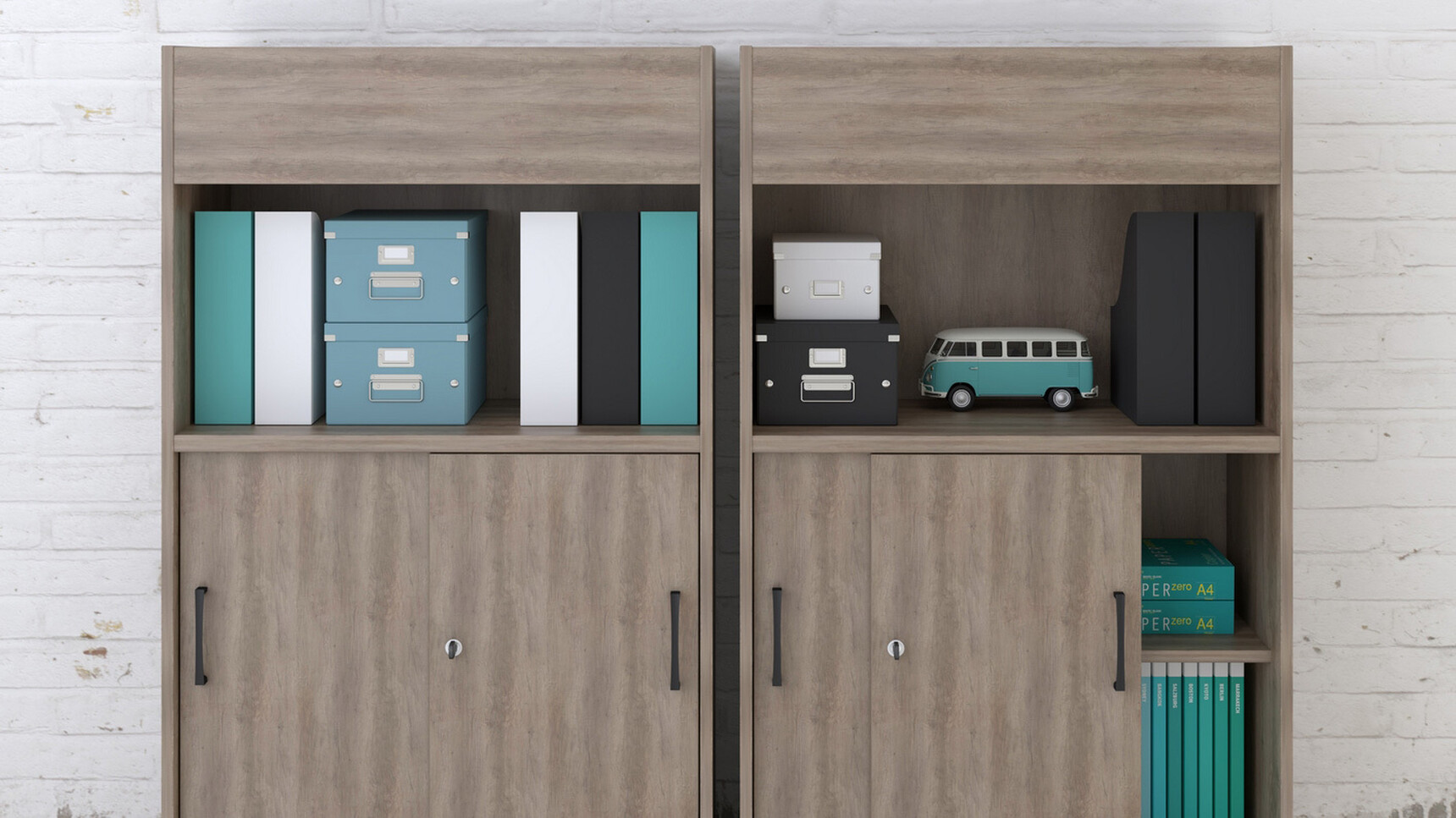 Two Elite Planter Storage Units With Dark Wood Finish One With Closed Doors One With Slightly Open Doors Against Wall