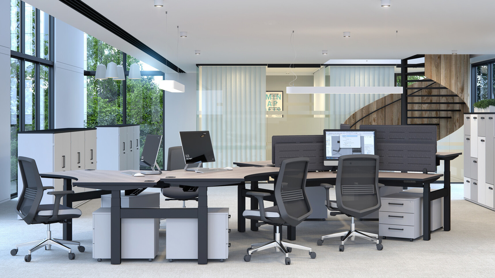 Five Elite Progress Plus Electric Height Adjustable Bench Desks With Wood Table Top Finish And Black Leg Finish And Grey Privacy Screens And Four Elite Office Chairs