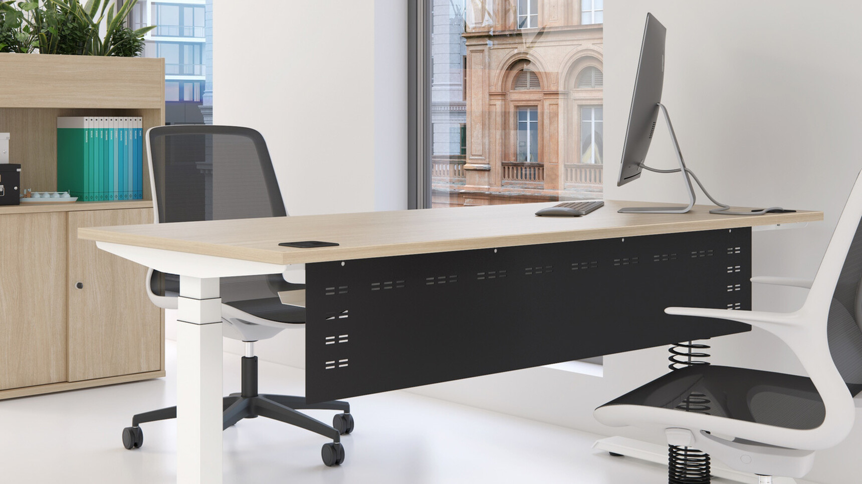 Elite Progress Plus Electric Height Adjustable Desk Light Wood Top White Metal Leg Finish Black Modesty Screen Two Tempo Mesh Five Star Base White Black Upholstery