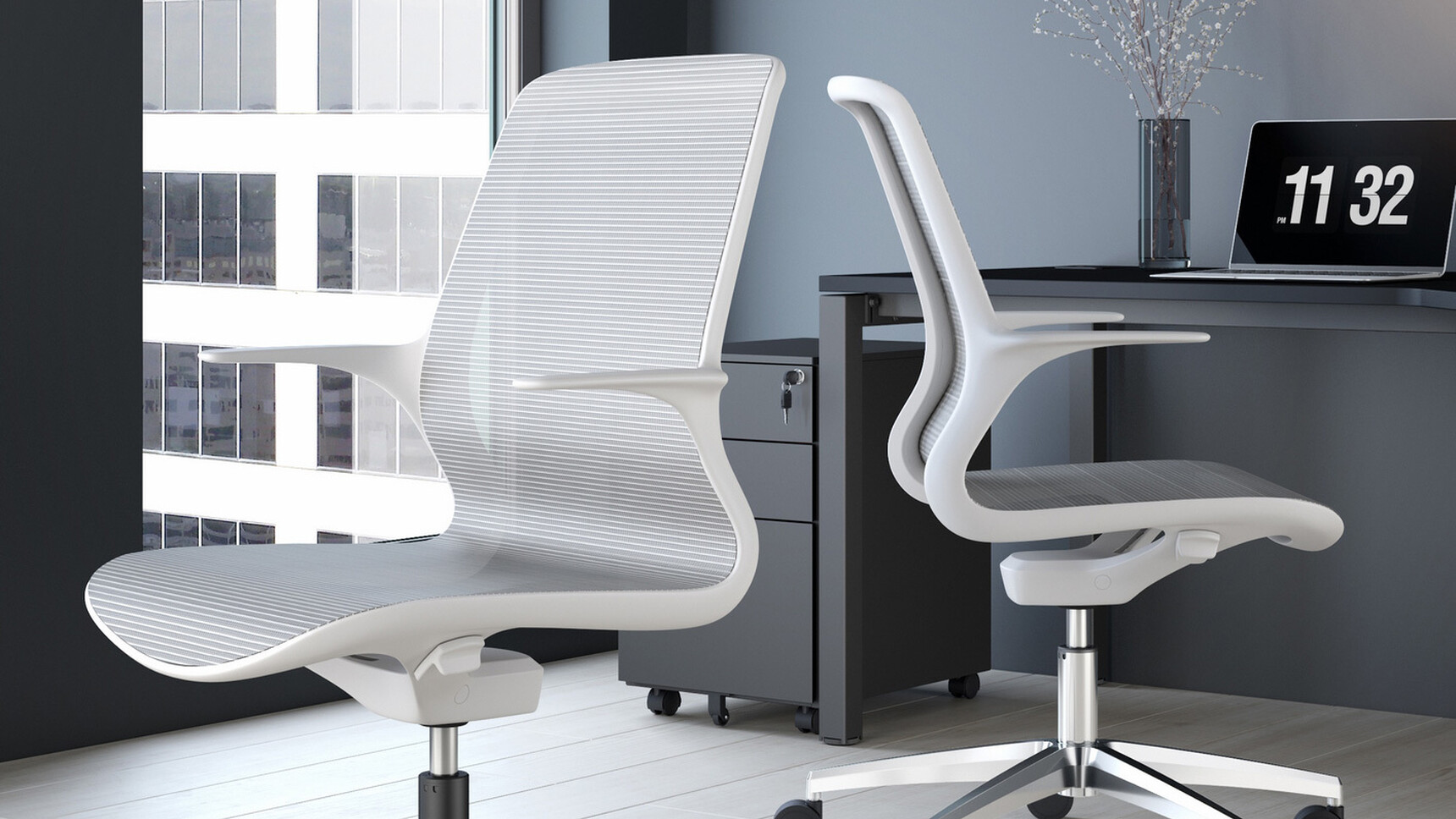 Two Elite Tempo Mesh Five Star Base Office Chairs With White Frame And White Mesh Back And Polished Aluminium Five Star Base On Castors Detail Image