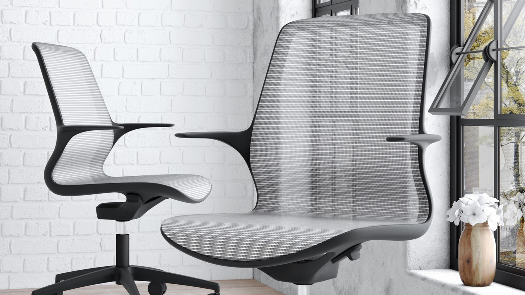 Two Elite Tempo Mesh Five Star Base Office Chairs With Black Frame And White Mesh Back And Black Base On Castors Detail Image