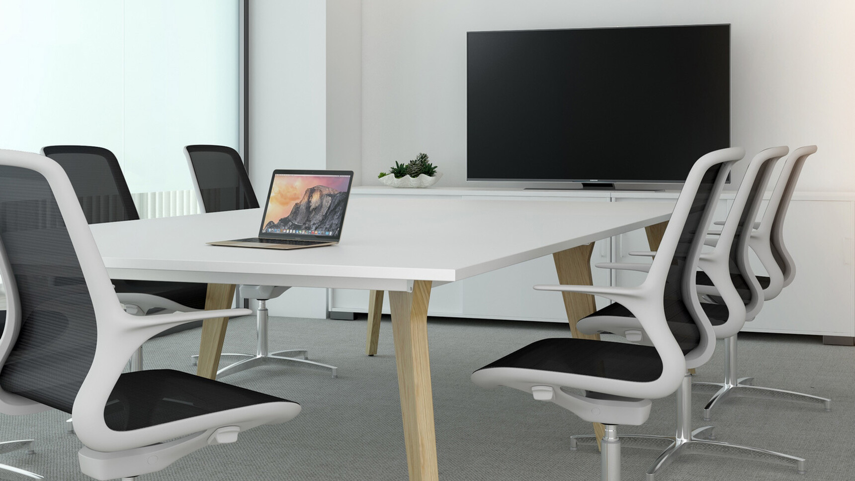 Seven Elite Tempo Mesh Four Star Base Office Chairs With White Frame With Black Mesh Back And Polished Aluminium Four Star Base Front Quarter Angle