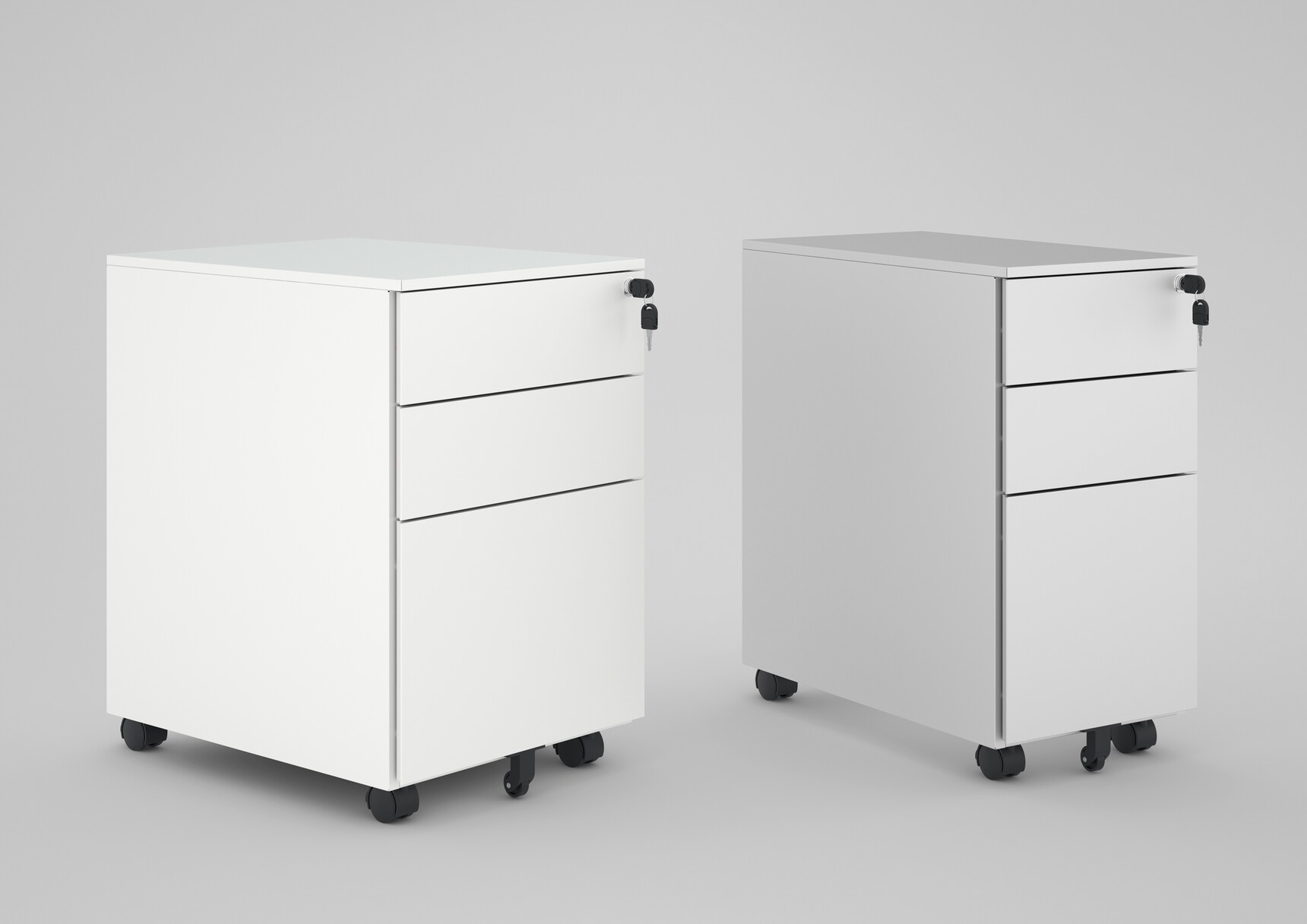 One Three Drawer Narrow Steel Flat Fronted Mobile Pedestal With Grey Finish On Castors And One Three Drawer Steel Flat Fronted Mobile Pedestal With White Finish On Castors