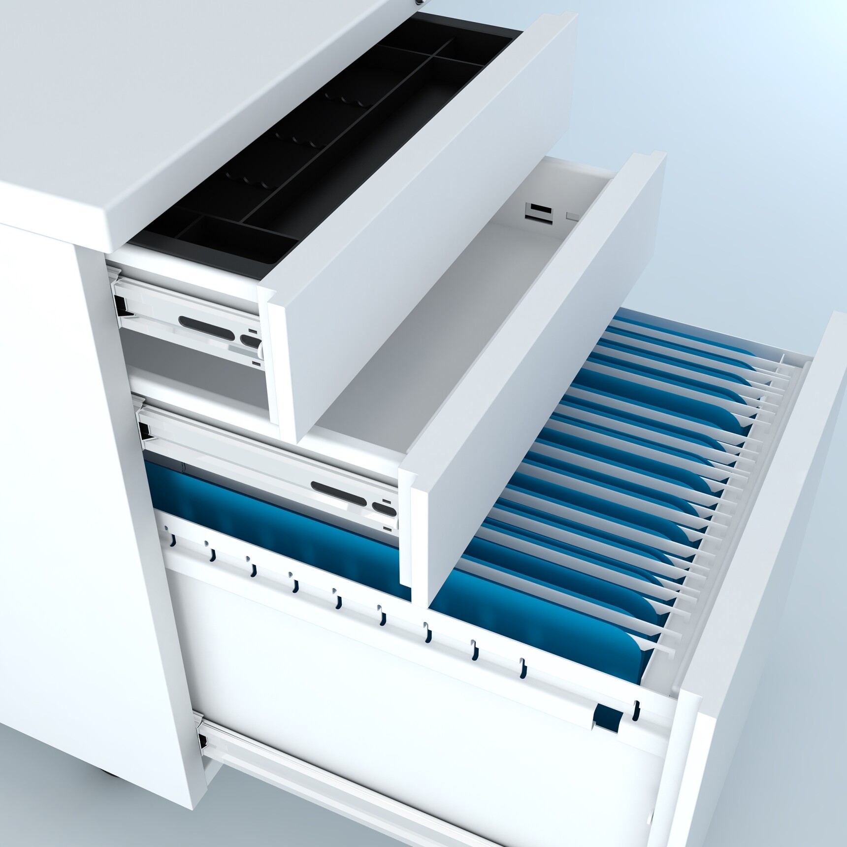 One Three Drawer Steel Flat Fronted Mobile Pedestal With White Finish On Castors With Top Middle And Bottom Drawer Open