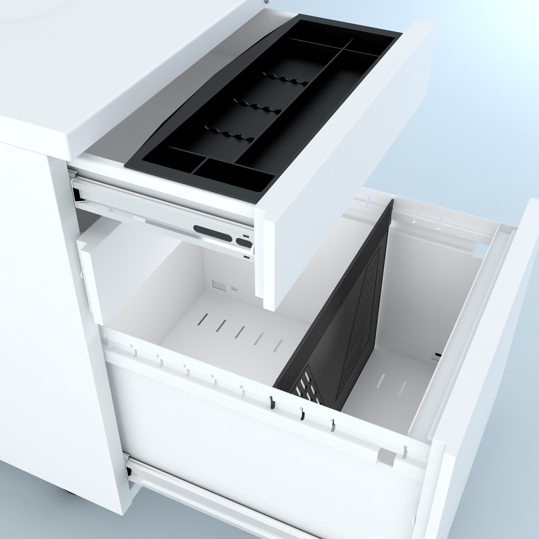 One Three Drawer Steel Flat Fronted Mobile Pedestal With White Finish On Castors With Top And Bottom Drawer Open