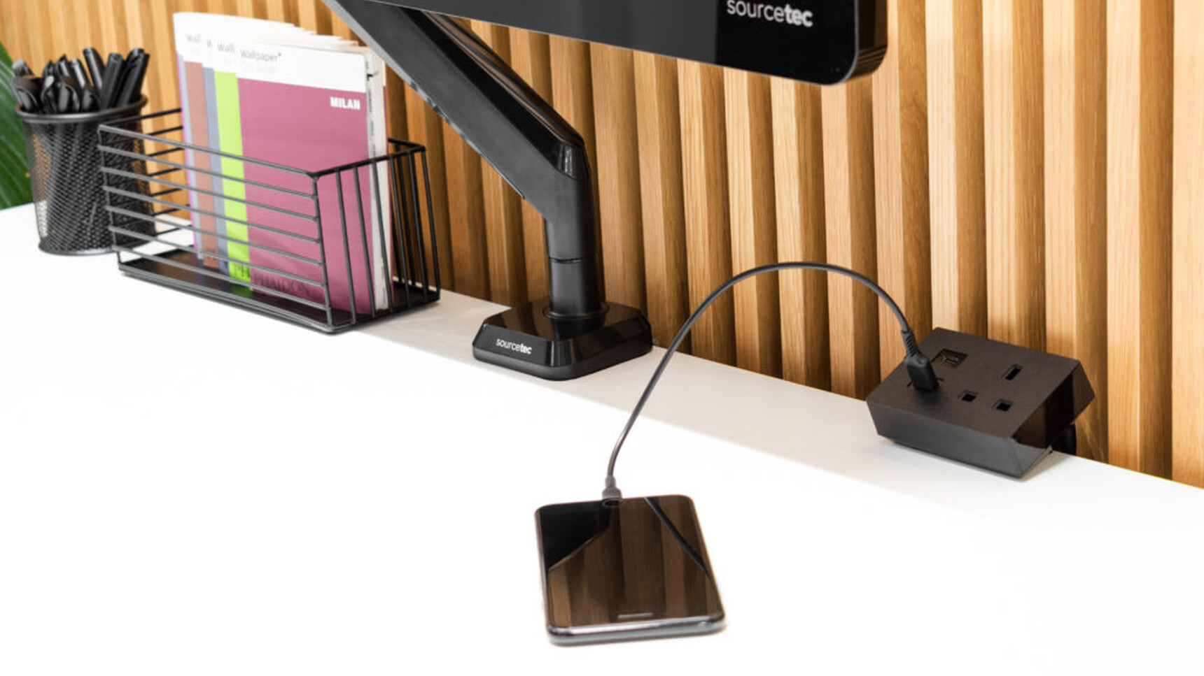 Workstories Nano Desktop Module Black Finish On White Desk Family Image