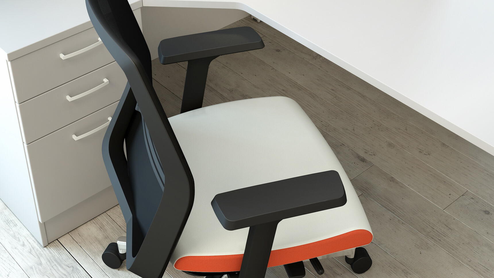 Elite Three Standard Drawer Desk High Pedestal With MFC With Grey Finish With Elite Office Chair With White Upholstery At Elite Desk With White Finish