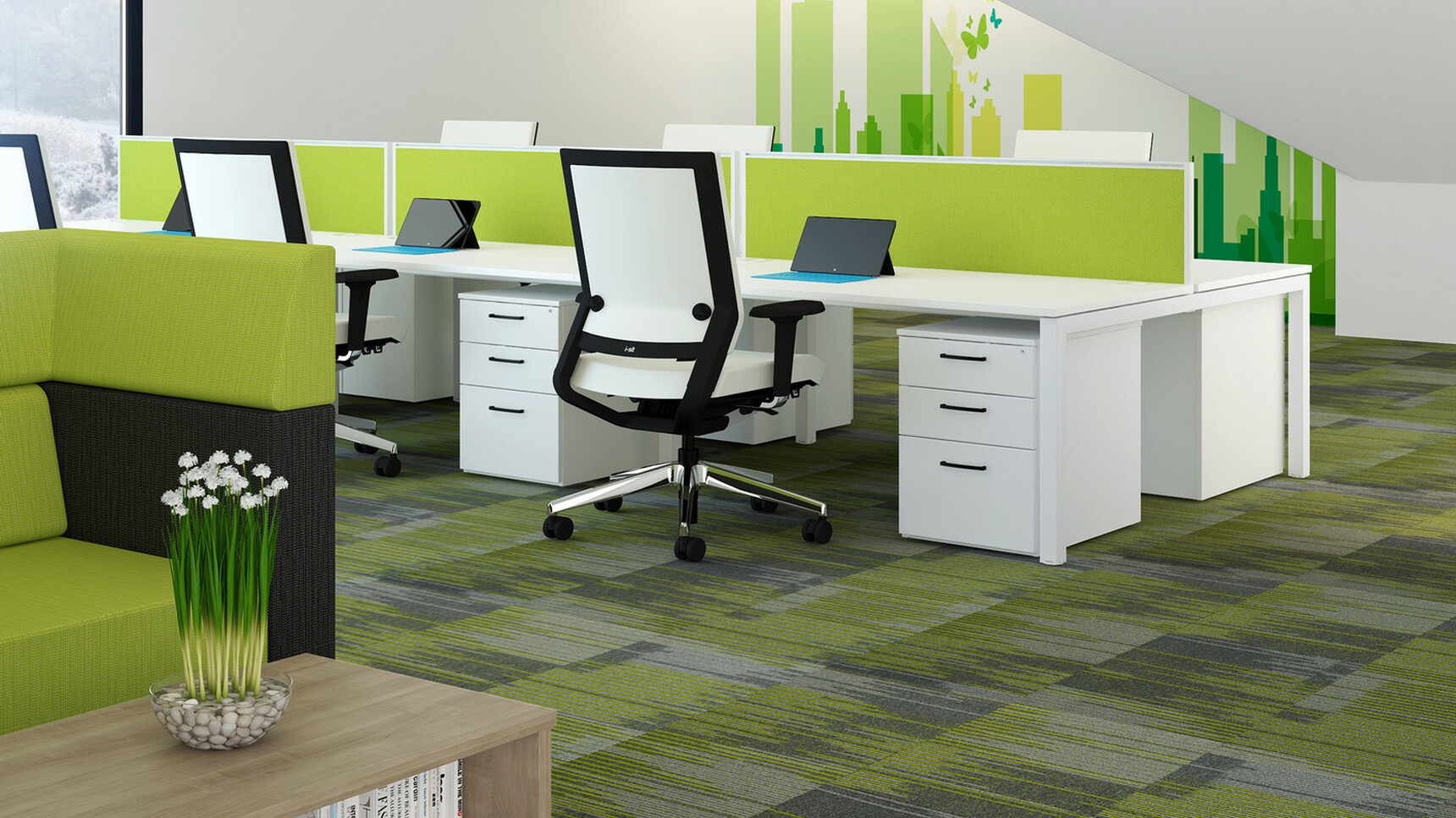 Five Elite Three Standard Drawer Mobile Pedestals With White Finish With Two Single Drawers And One Filing Drawer With Black Metal Handles Under Elite Desks With Six Elite Office Chairs