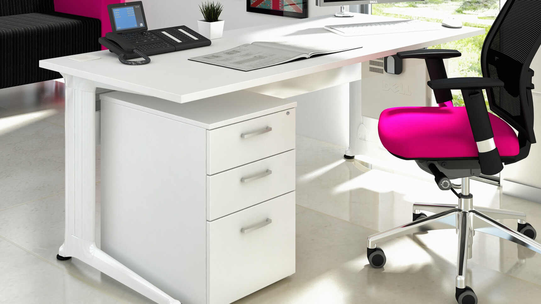 Elite Three Standard Drawer Mobile Pedestal With White Finish With Two Single Drawers And One Filing Drawer With Grey Metal Handles Under Elite Desk And Loreto Mesh Back Office Chair