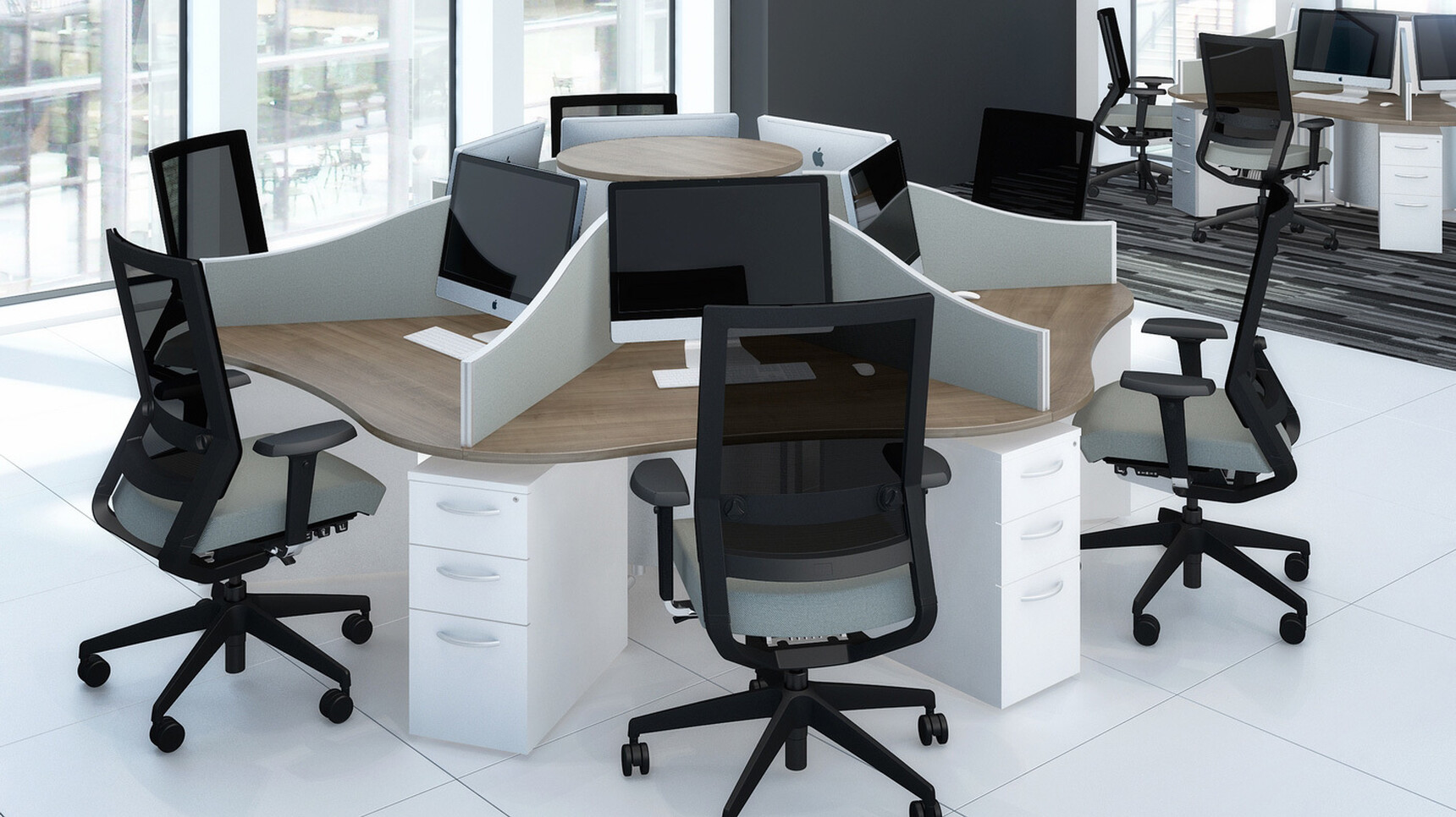 Six Elite Three Standard Drawer Narrow Mobile Pedestals With White Finish Under Elite Desks And Eight Elite Office Chairs With Black Backrest And Grey Upholstery