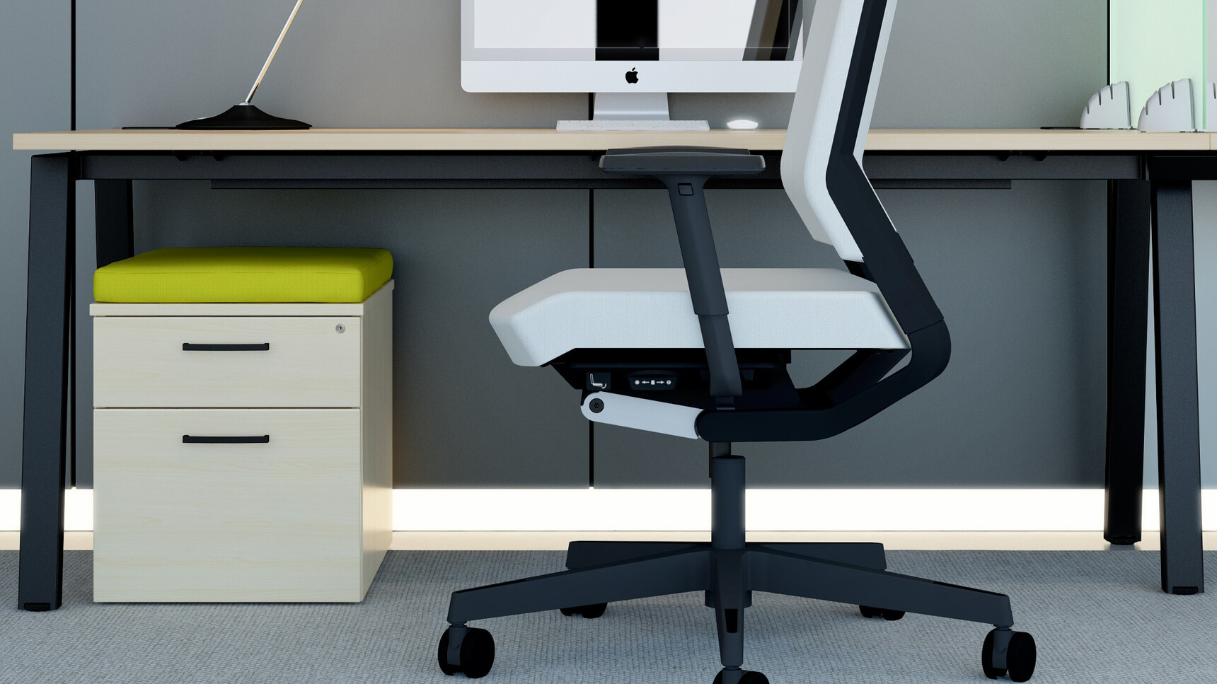 Elite Two Drawer Low Mobile Pedestal with Seat Pad With MFC Light Wood Finish Under Elite Desk With Wood Finish With Elite Office Chair With White Upholstery At Desk