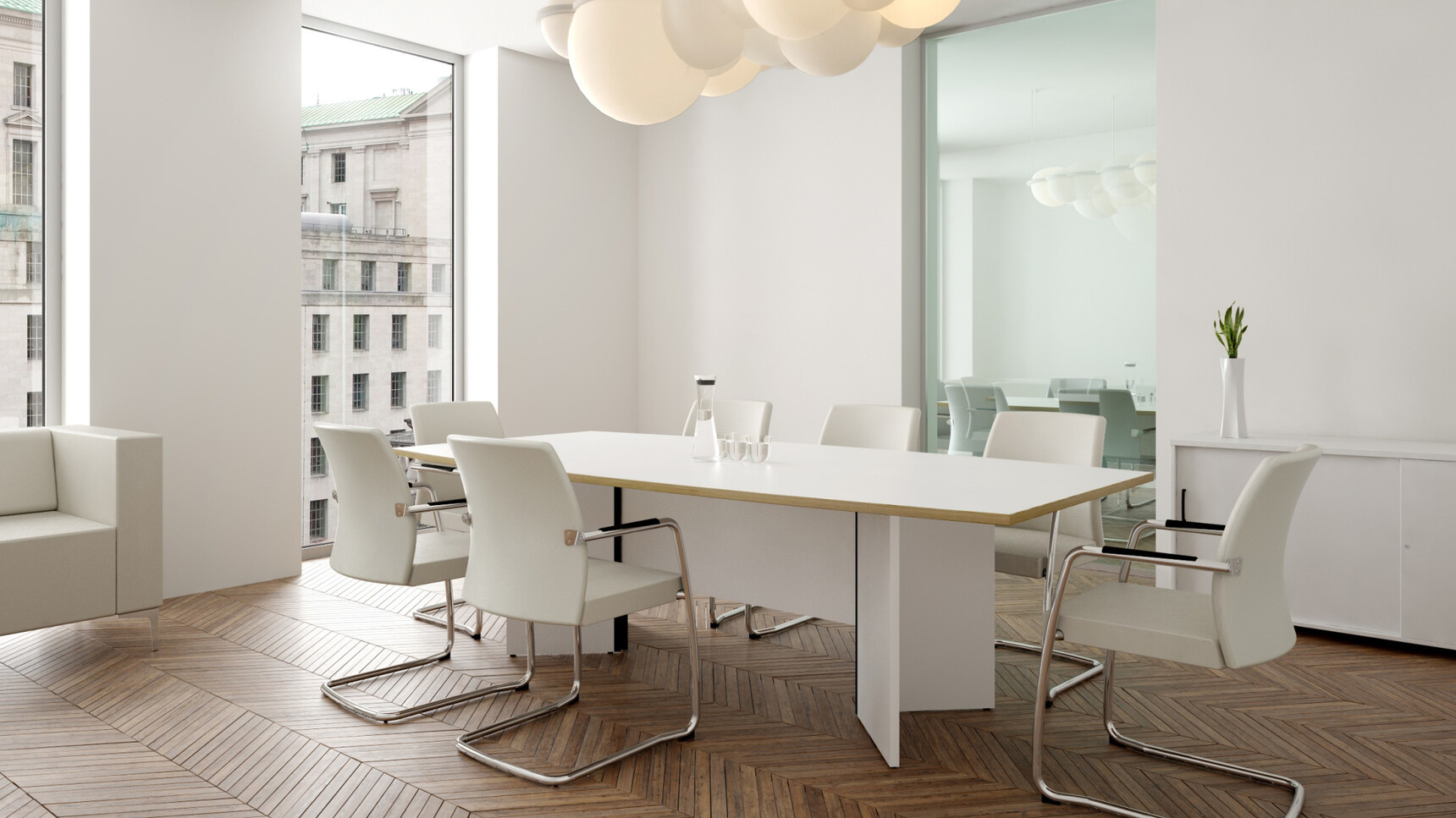 Elite Windsor Barrel Shaped Conference Table With 25mm Dual Board With MFC With White Finish And White Metal Leg Finish With Seven Moda Fully Upholstered Full Cantilever Base Meeting Chair