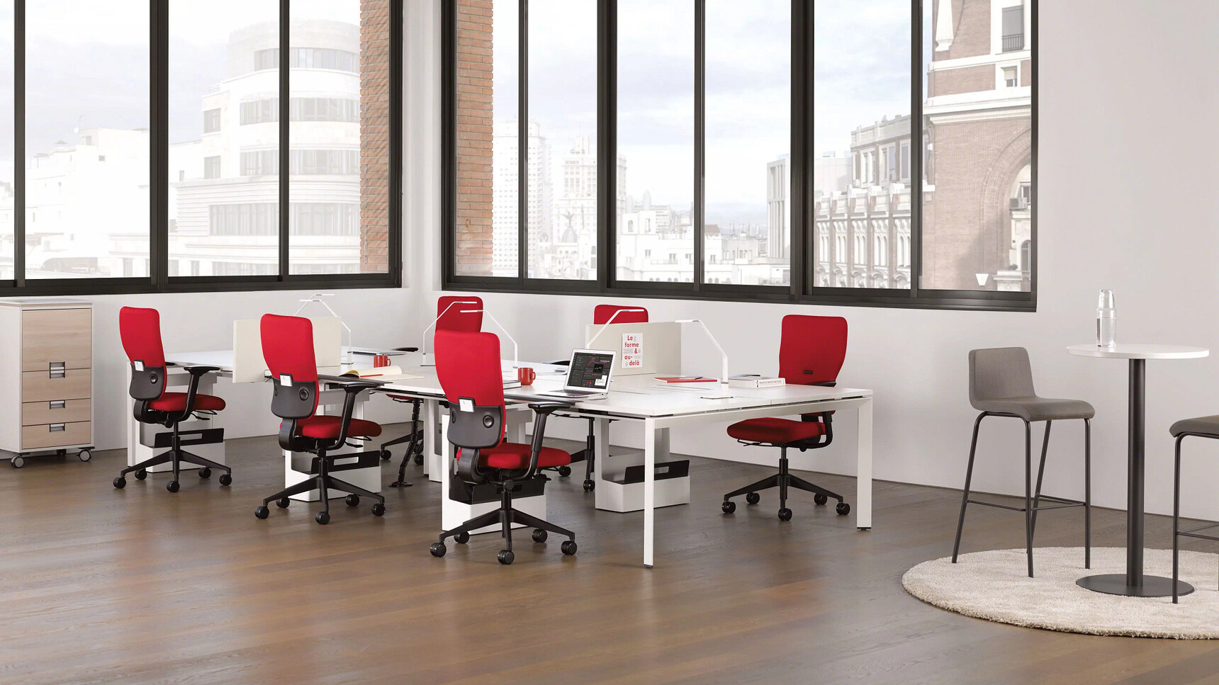 Steelcase Let's B High Back Office Chairs Red Upholstery At Bench Desk In Office Environment
