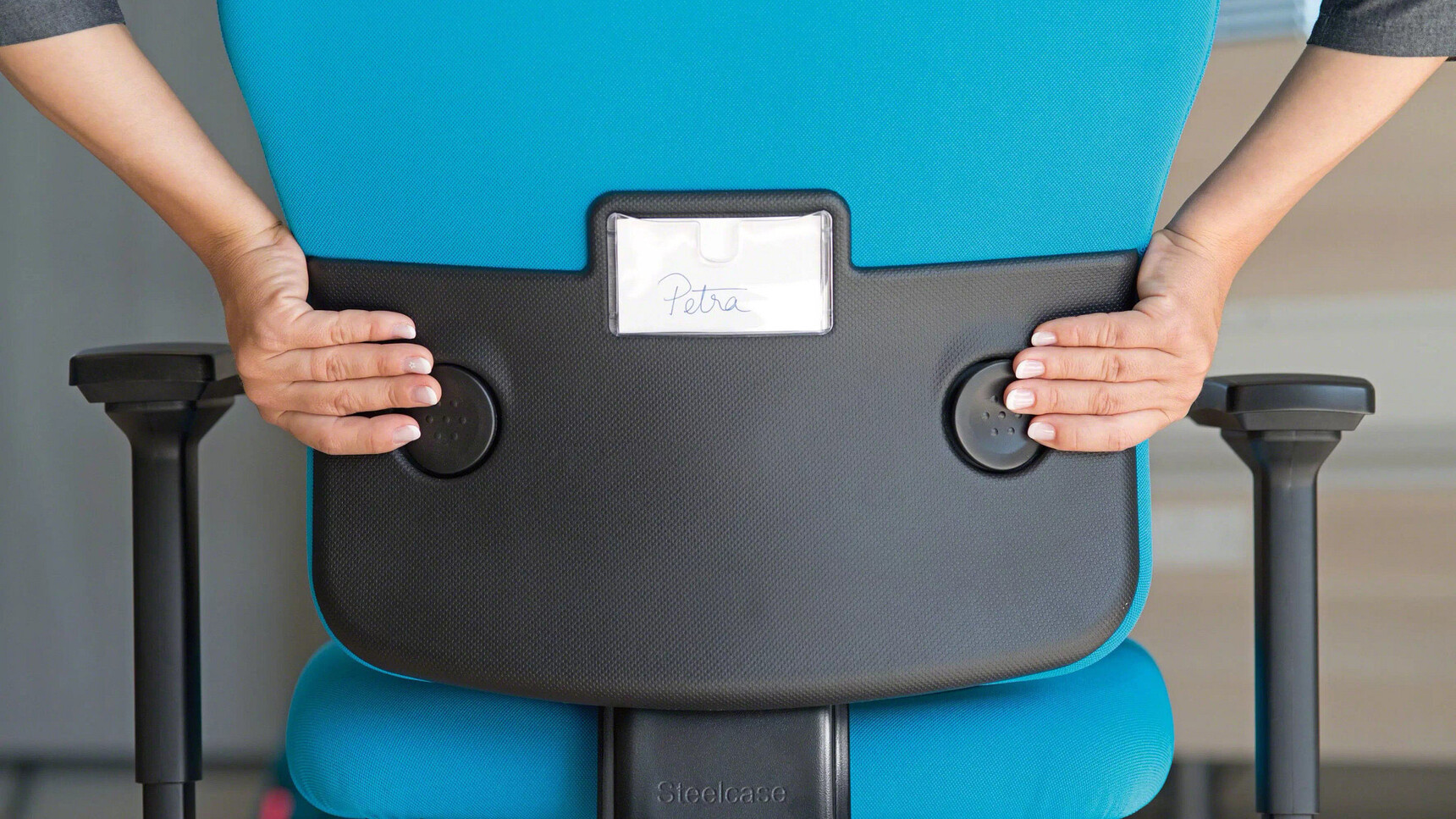 Steelcase Let's B High Back Office Chair Blue Upholstery Back Detail Image