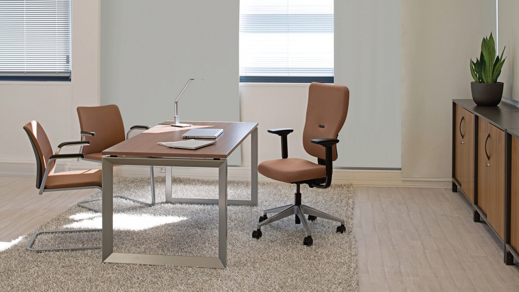 Steelcase Let's B High Back Office Chairs Brown Upholstery At Fixed Height Loop Desk In Office Environment