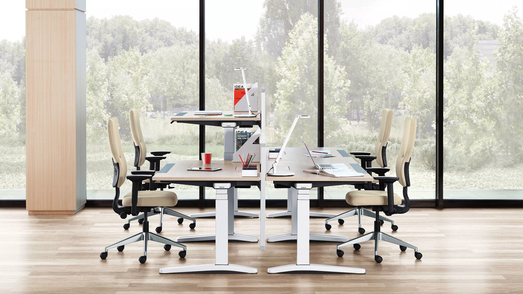 Steelcase Let's B High Back Office Chairs Beige Upholstery At Ology Height Adjustable Desk In Office Environment