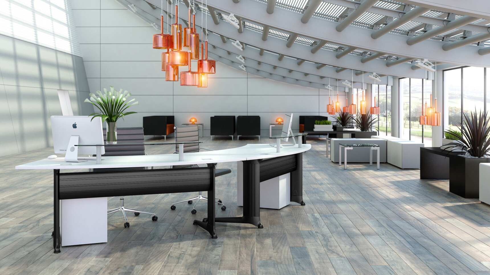 Two Elite Kassini Radius Reception Desks With White Finish And Black Metal Leg Finish With Two Elite Chairs At Desk In Reception Area