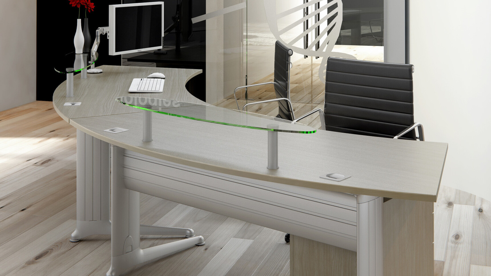 Two Elite Kassini Radius Reception Desks With Wood Finish And Silver Metal Leg With Two Glass Shelfs Finish With Two Elite Chairs At Desk In Reception Area