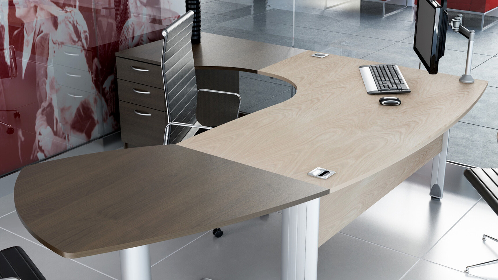 Elite Kassini Bow Fronted Crescent Workstation With Light Wood Table Top Finish And Silver Metal Leg Finish With Three Standard Drawer Desk High Pedestal with Curved Overhanging Top With Dark Wood Finish