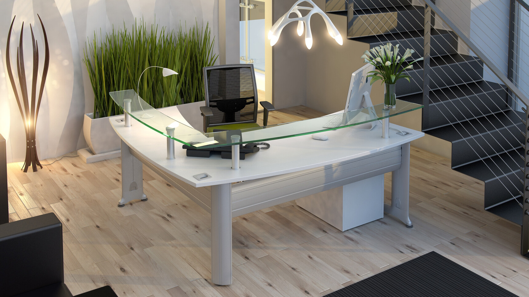 Elite Kassini Reception Desk With Grey Table Top Finish And Silver Metal Leg Finish And Silver Leg Finish And Glass Shelf With Loreto Mesh Back Office Chair At Desk