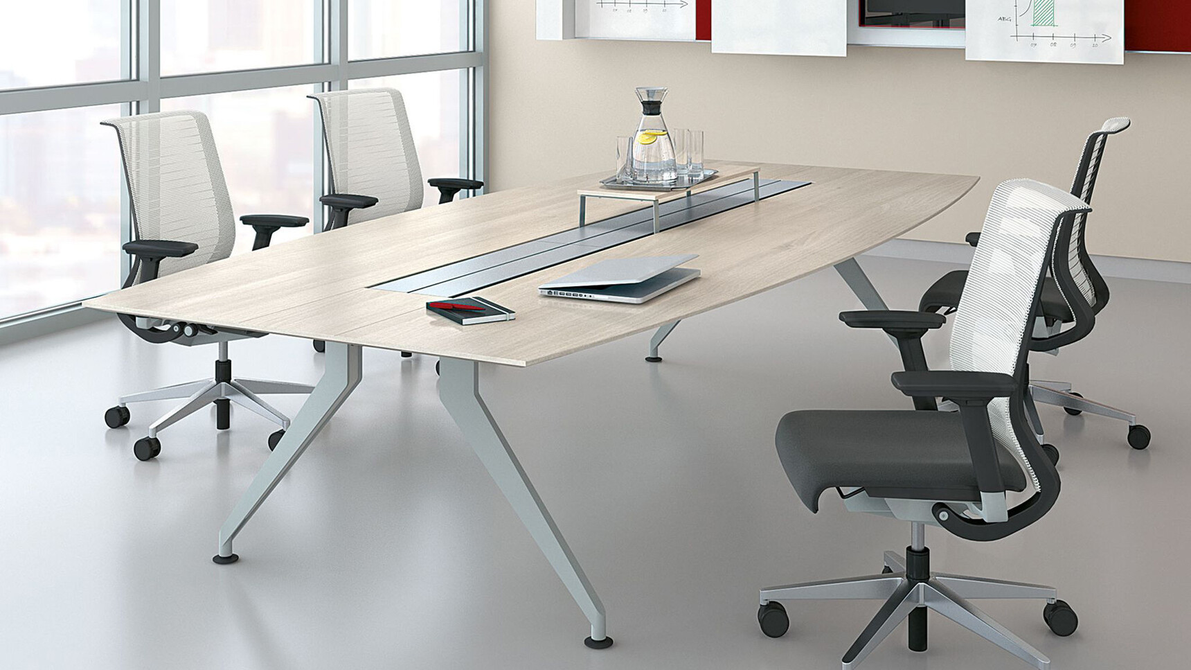 Steelcase 4.8 Barrel Conference Table With Light Wood Finish And Grey Legs With Four Reply Air Mesh Back Office Chair With White Backrest And Black Seat Upholstery