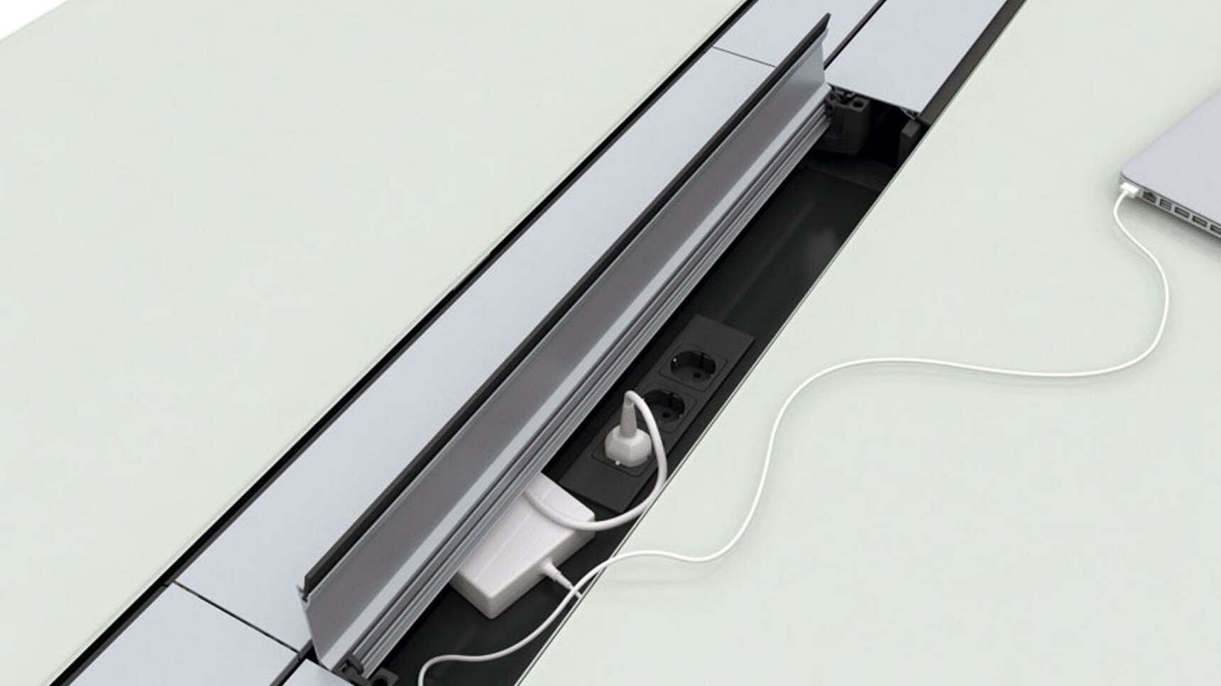 Steelcase 4.8 Barrel Conference Table With White Finish Showing Cable Tray Detail Image