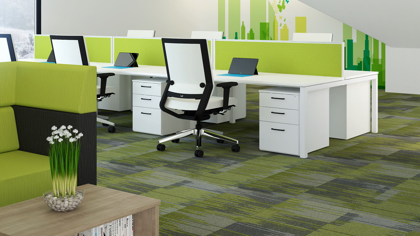 Three Elite Matrix Double Bench Desks With White Finish And White Metal Leg Finish With Blue Acoustic Screens And Elite Office Chair With White Upholstery