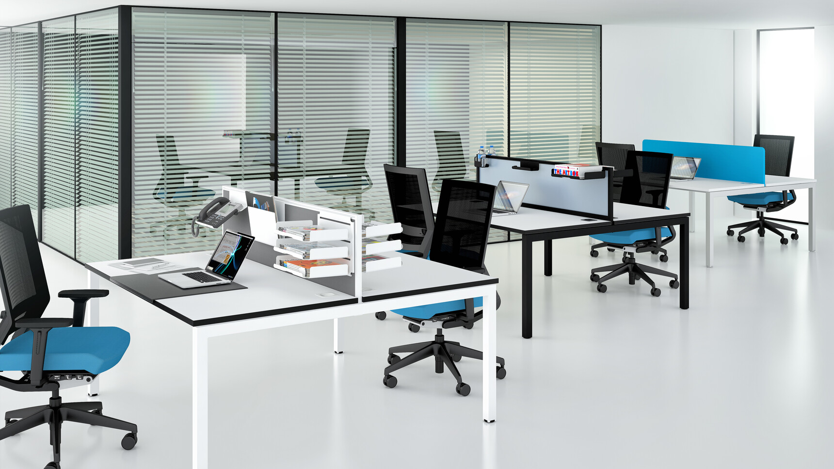 Three Elite Matrix Double Bench Desks Three White Top White Leg Grey Leg Black Leg Finish Nine Elite Vida Mesh Back Office Chairs