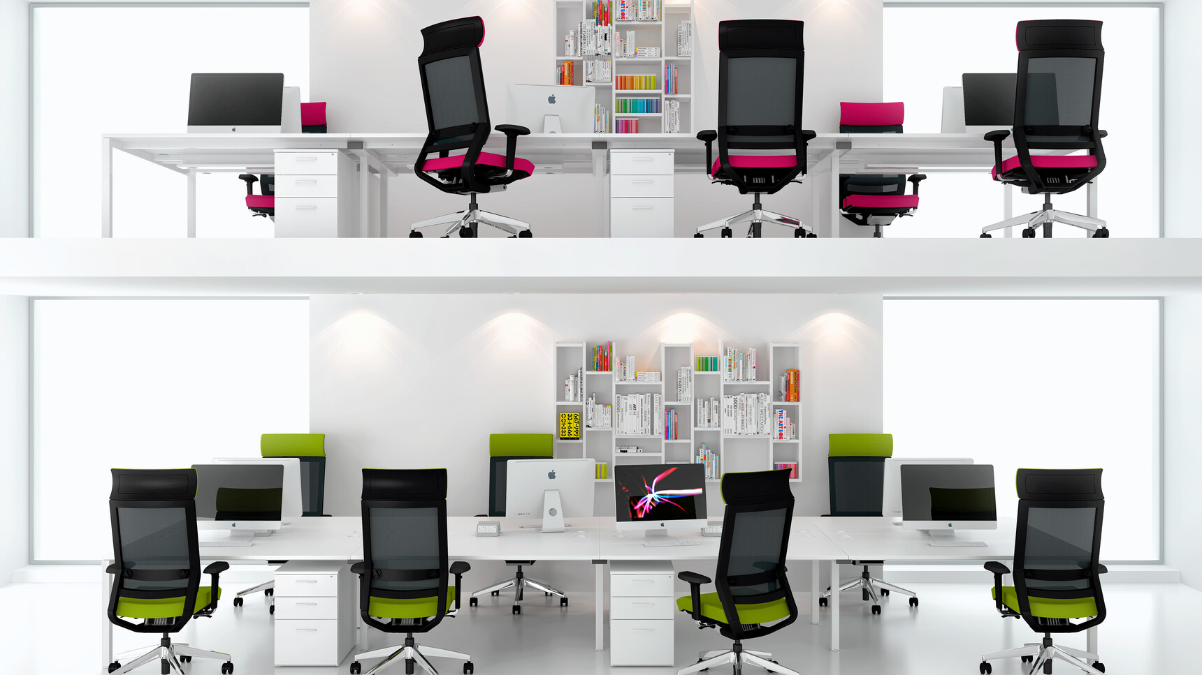 Eight Elite Matrix Double Bench Desks With White Table Top Finish And White Metal Leg Finish And Twelve Elite Office Chairs