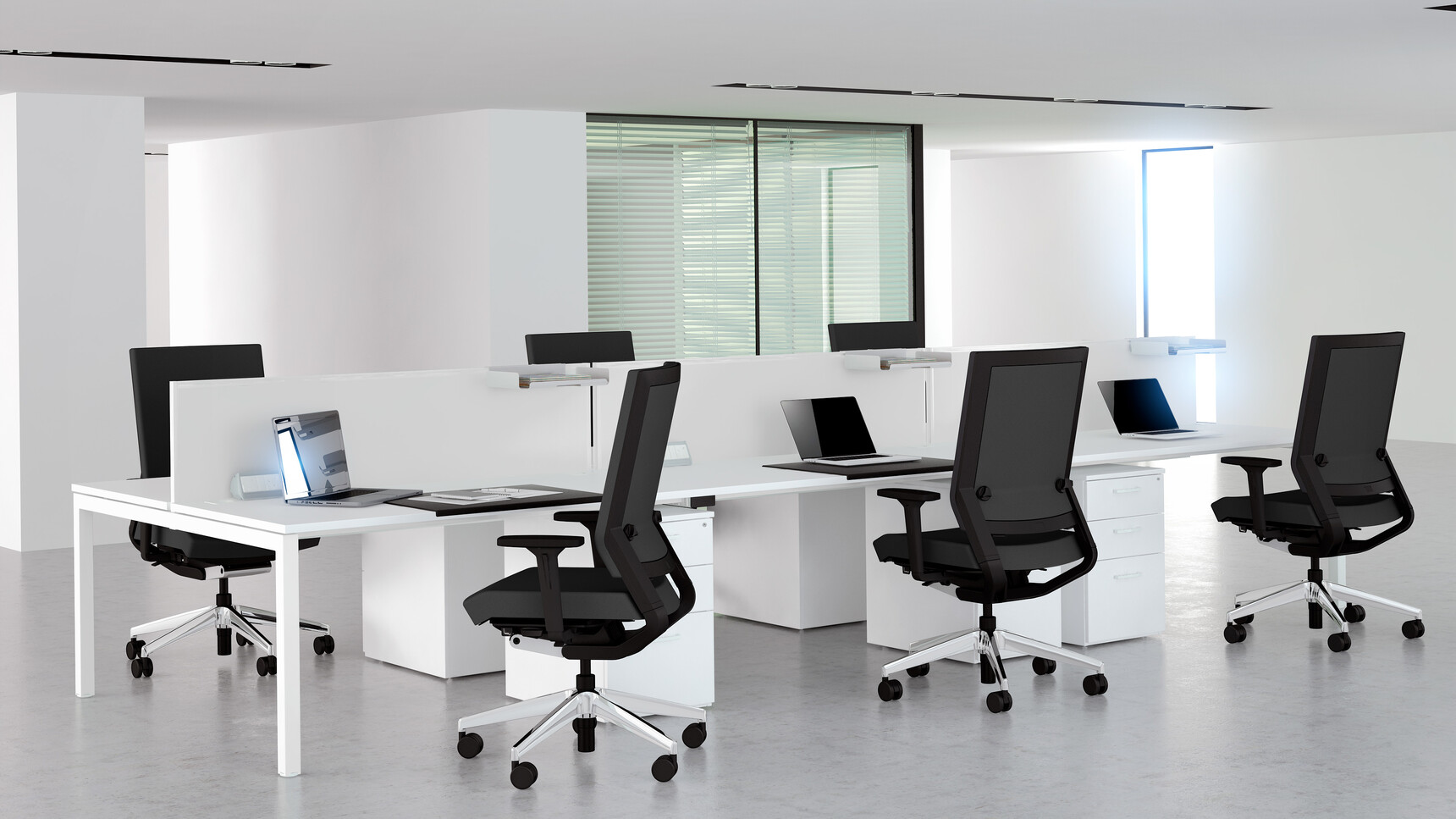 Three Elite Matrix Double Bench Desks With White Table Top Finish And White Metal Leg Finish And Six Elite Office Chairs In Black Upholstery