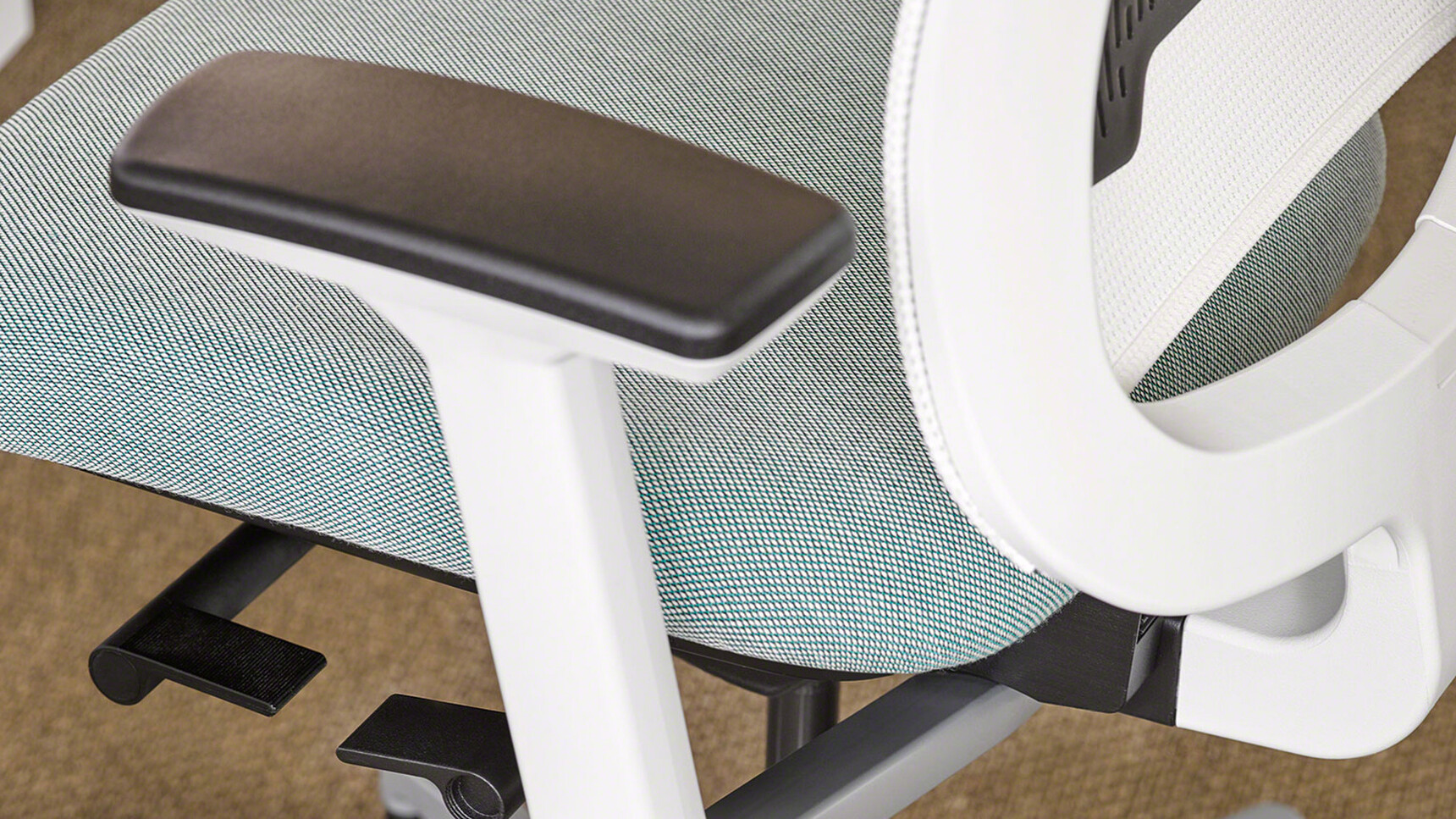 Steelcase Reply Air Colour Mesh Back Office Chair With Light Blue Seat Upholstery And White And Black Frame White Backrest And White And Black Seagull Frame Armrests Detail Image
