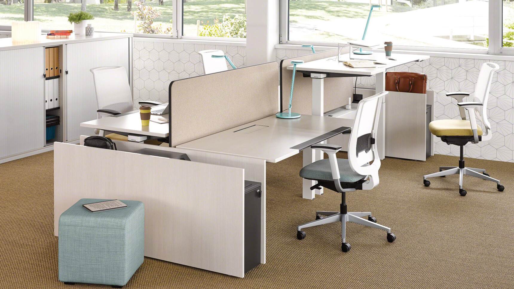 Four Steelcase Reply Air Colour Mesh Back Office Chairs Yellow Blue Upholstery White Backrest White Frame White Black Seagull Armrests At Steelcase Desks