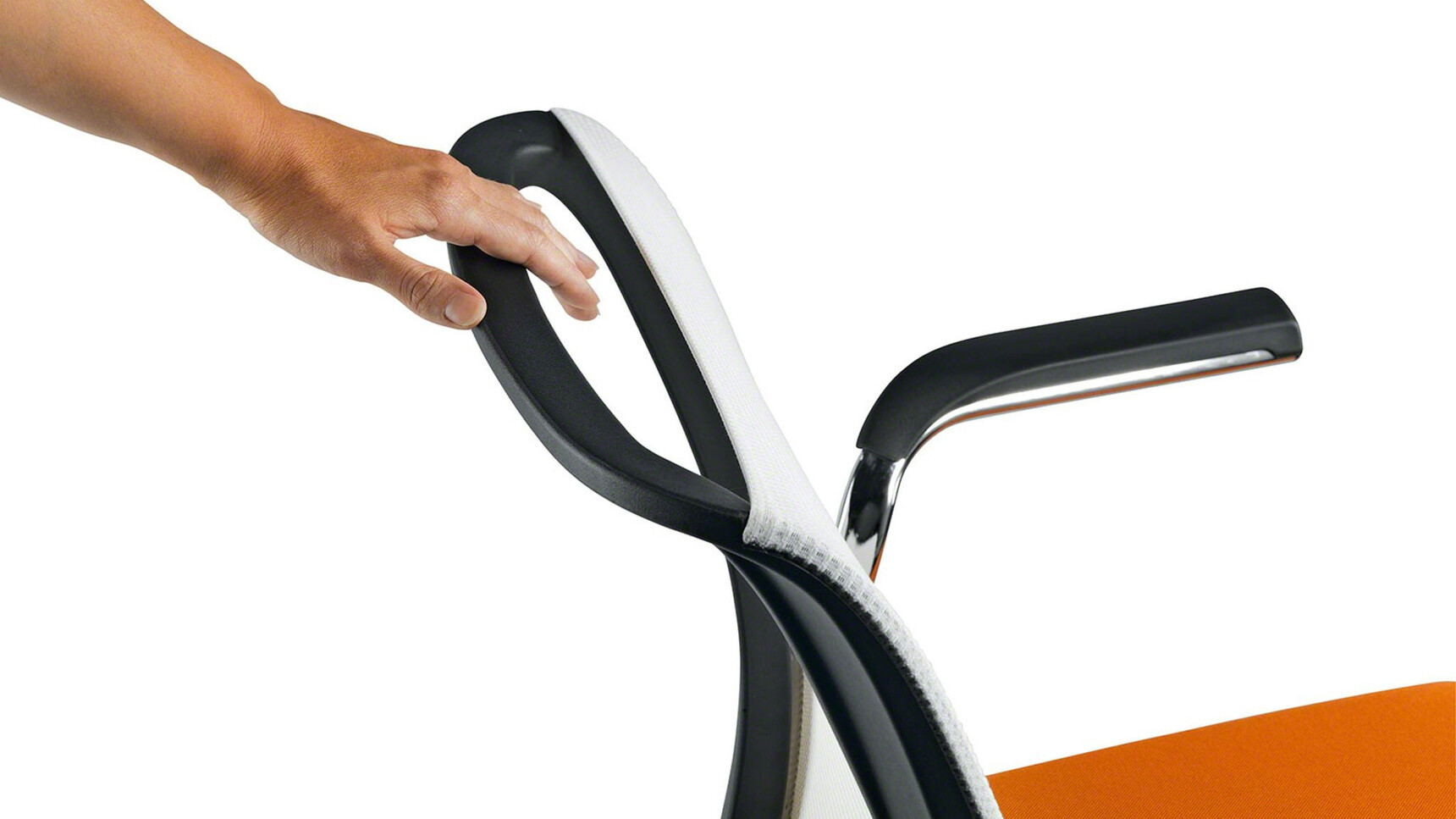 Steelcase Eastside Four Leg Base Meeting Chair With White Mesh Backrest And Orange Seat Upholstery