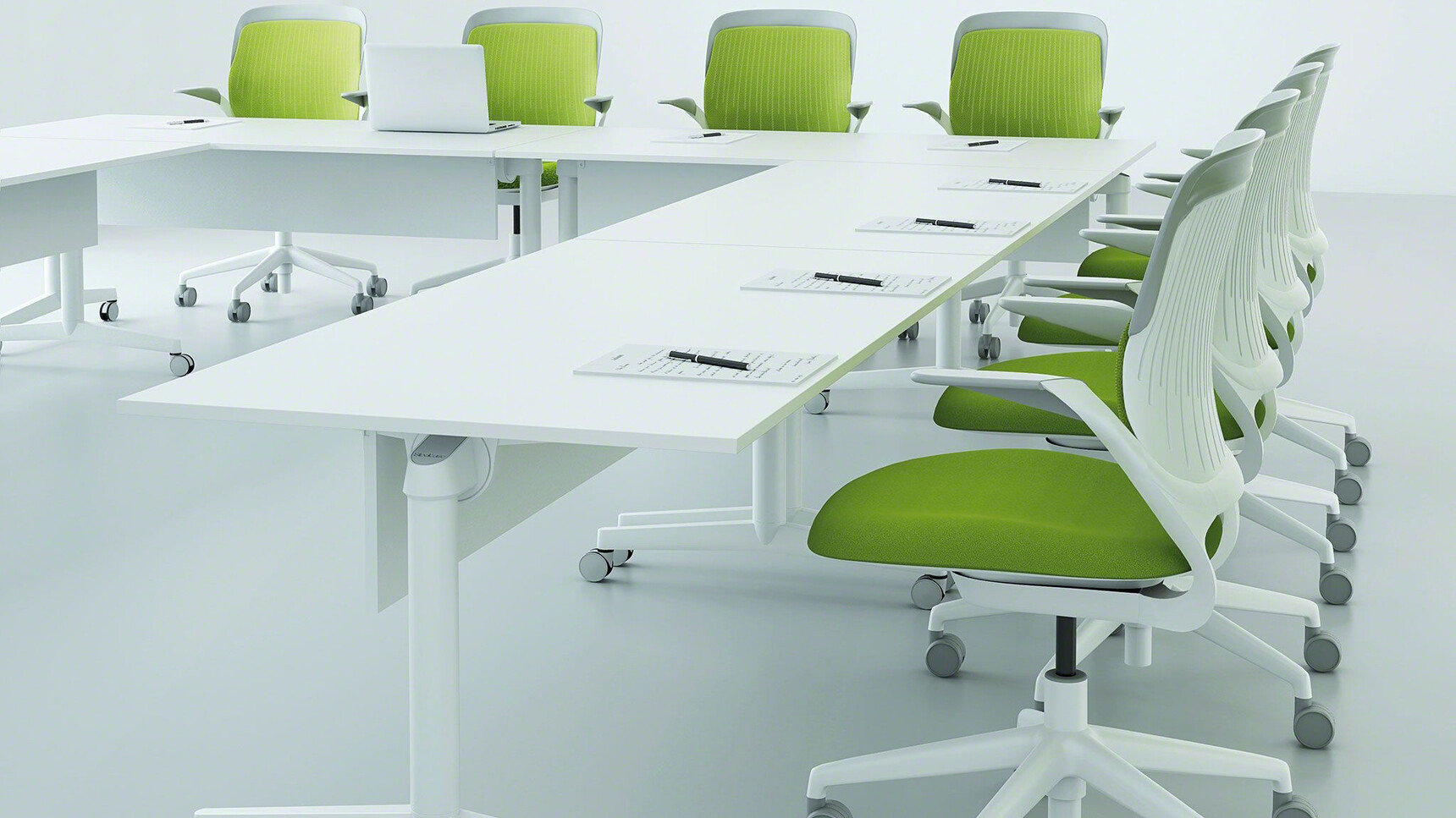 Four Steelcase Flip Top Twin Rectangular Meeting Tables With  White Aluminium Legs And White Finish And Eight Cobi Office Chairs With Green Upholstery And White Grey Frame And Base