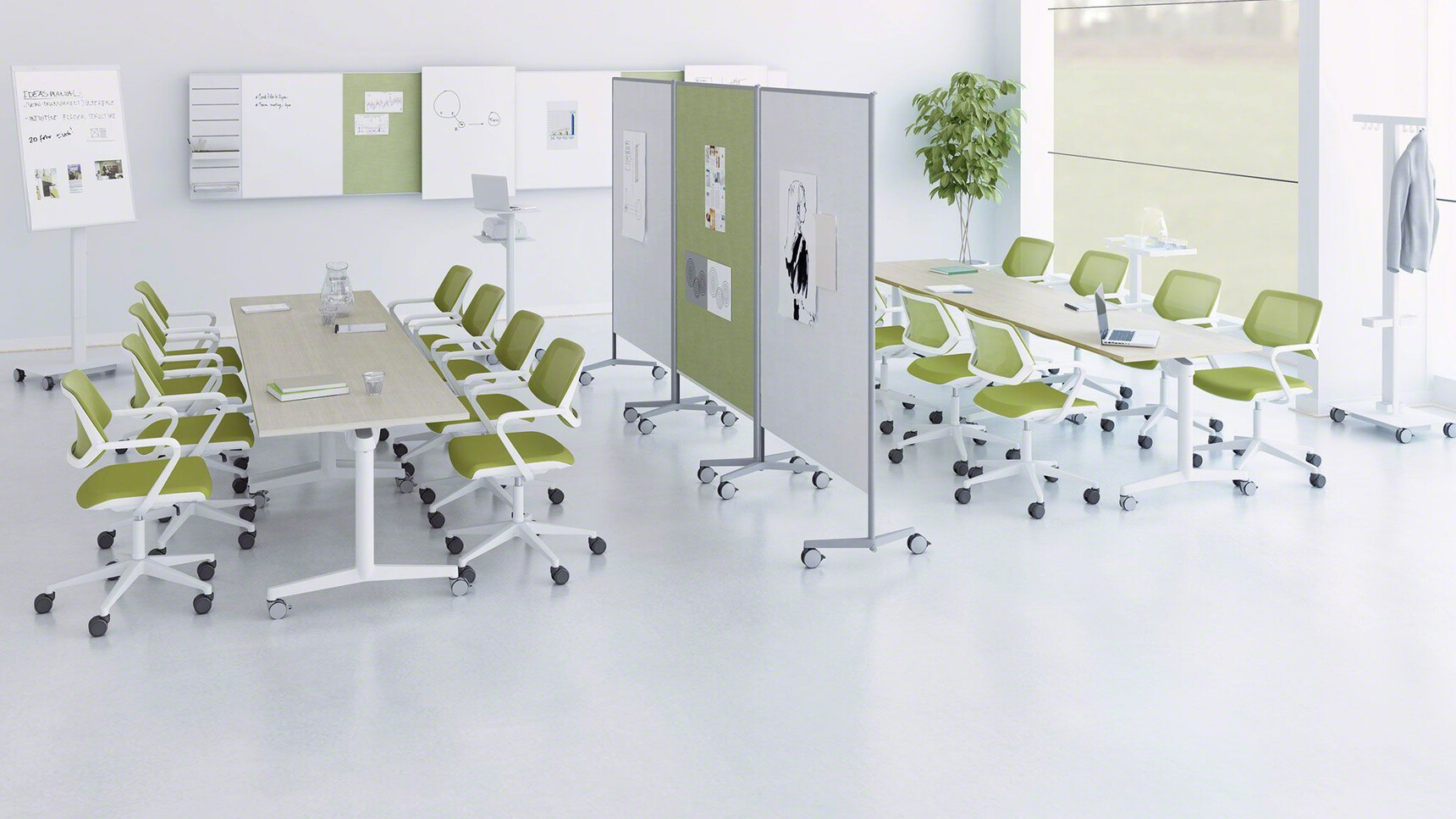 Two Steelcase Flip Top Twin Rectangular Meeting Tables With  White Aluminium Legs And Wood Finish With Sixteen Qivi Five Star Base Conference Chair on Castors With Green Upholstery