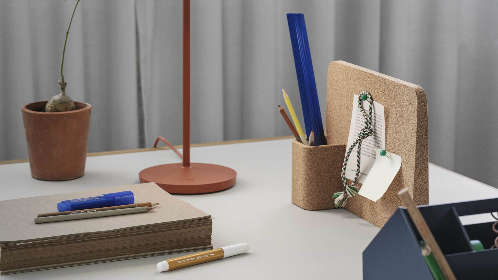 Muuto Workshop Table 140 Warm Grey Linoleum Tip Table Lamp Copper Brown Sketch Toolbox Midnight blue Story Pinboard Family Image