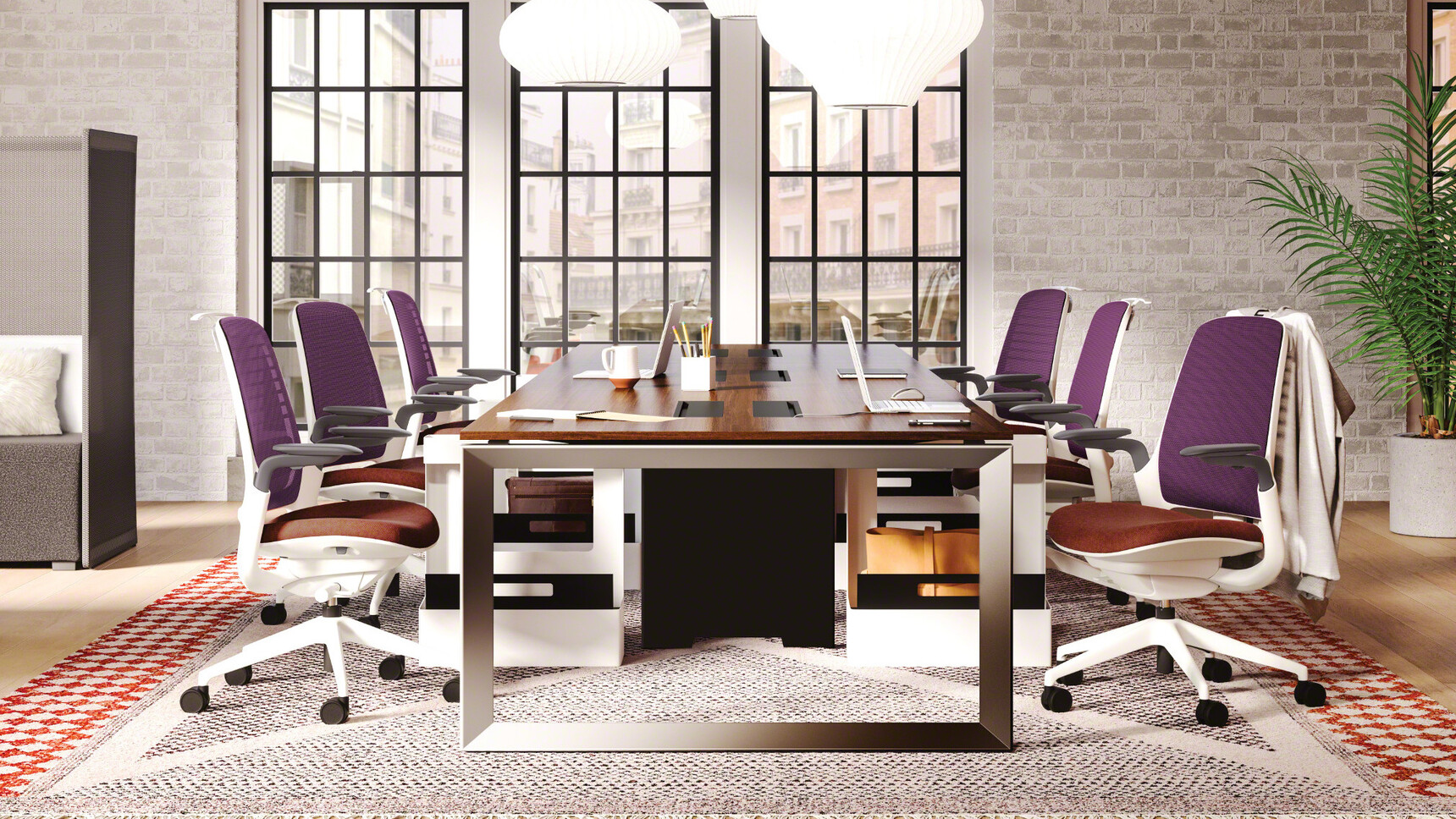 Steelcase Frameone Bench Desk With Loop Legs Base And Dark Wood Finish With Six Cobi Office Chairs With Purple Backrest And Brown With White Frame And Base On Castors