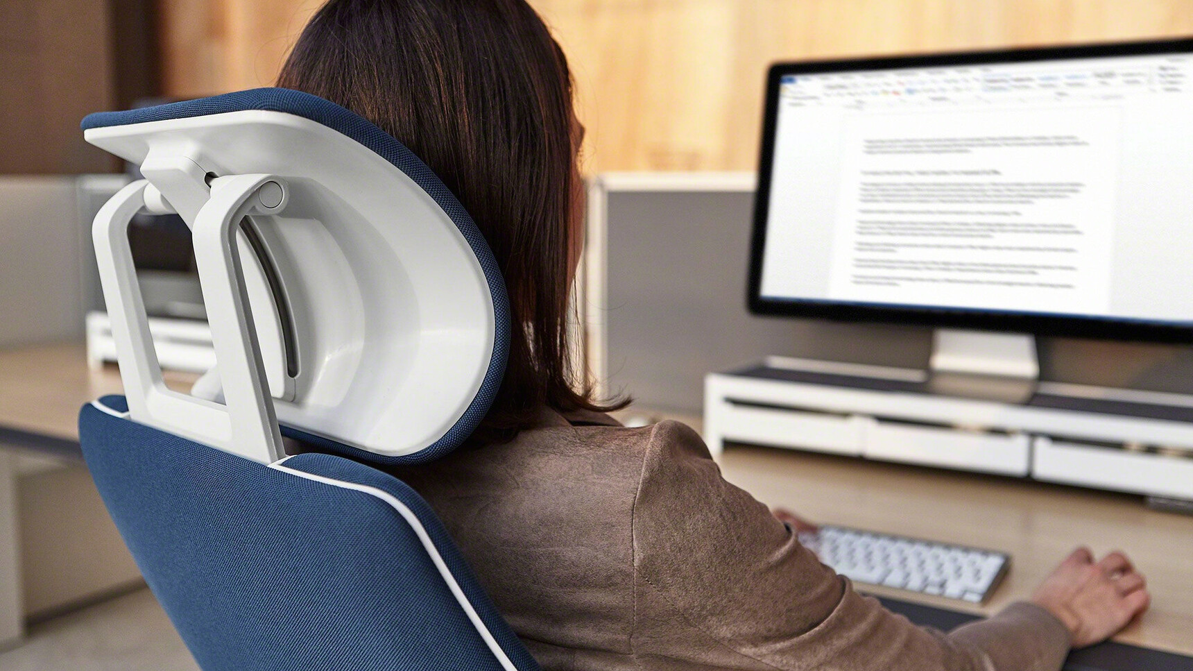 Steelcase Gesture Wrapped Back Office Chair with Headrest With Blue Upholstery With White Frame Detail Image