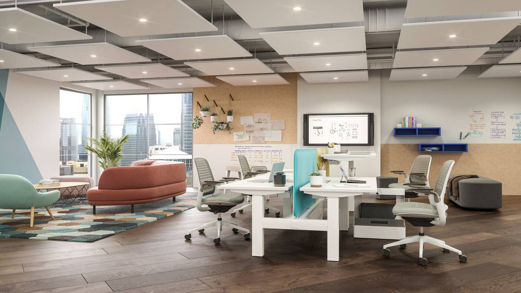 Two Steelcase Migration Height Adjustable Bench Desks With White Finish And Base With Four Series One Office Chairs In Light Grey Upholstery