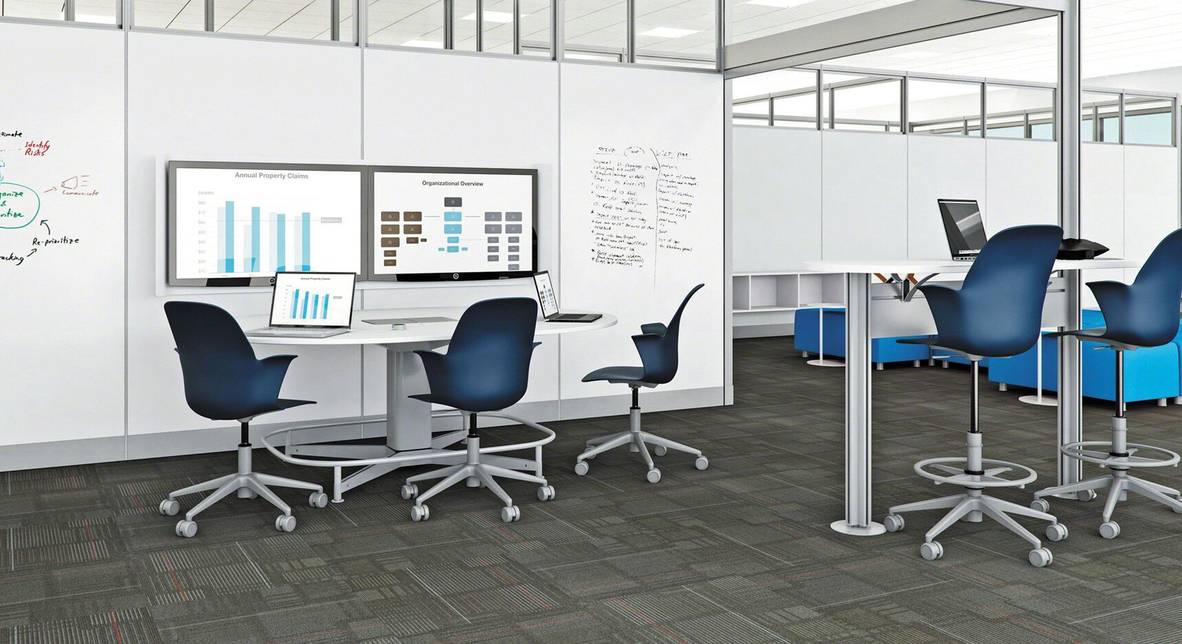 Two Node 5 Star Base Draughtsman Stools With Plastic Back And Seat In Dark Blue And Three Steelcase Node 5 Star Base Chairs In Dark Blue And Grey Base At Desks