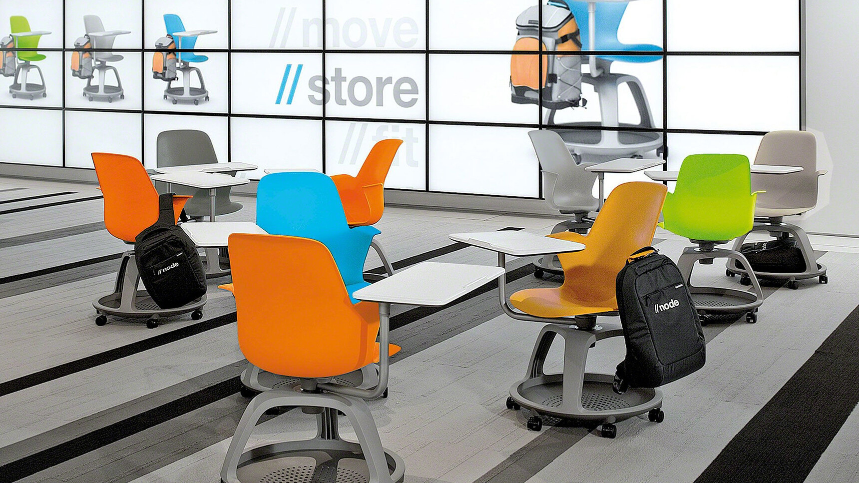 Nine Steelcase Node Tripod Base Chairs With Table On Castors In Various Finishes