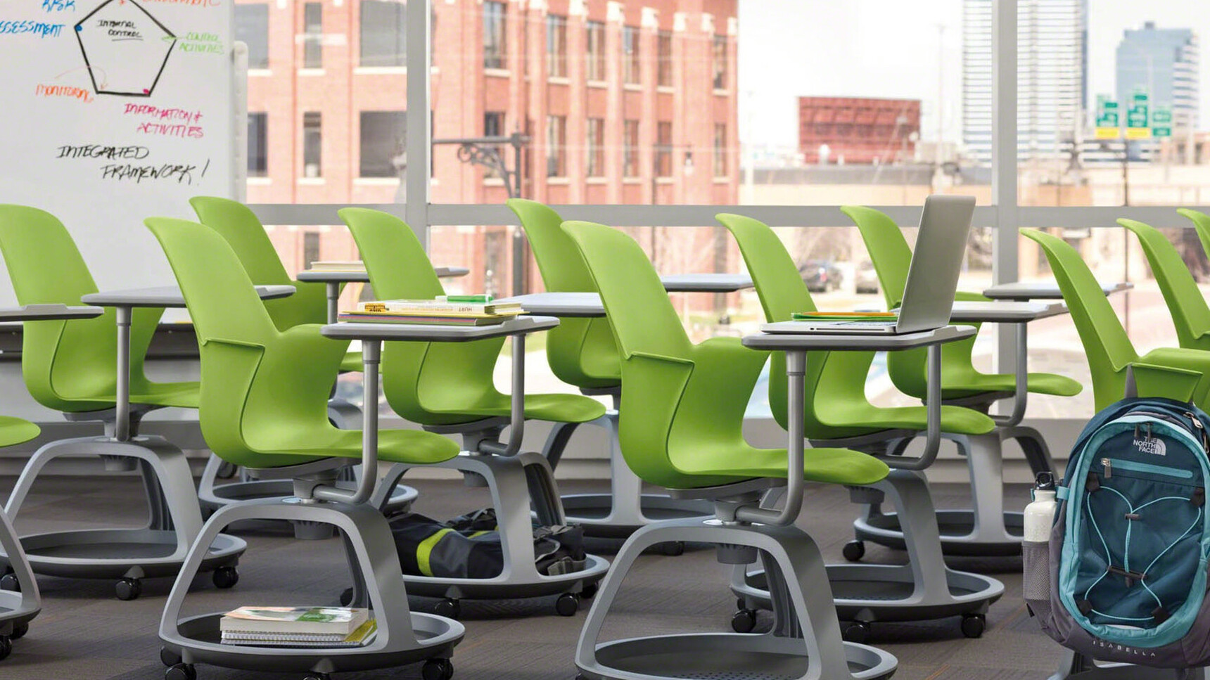 Twelve Steelcase Node Tripod Base Chairs with Table And Castors With Plastic Back And Seat In Green Finish And Grey Base