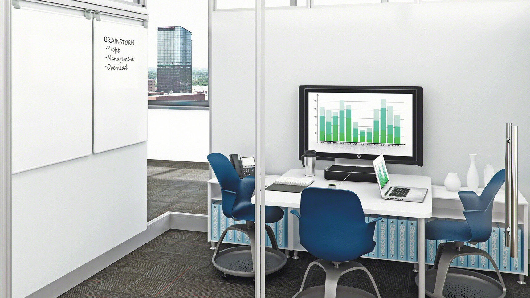 Three Steelcase Node Tripod Base Chairs without Table And Castors With Plastic Back And Seat In Dark Blue At Desk