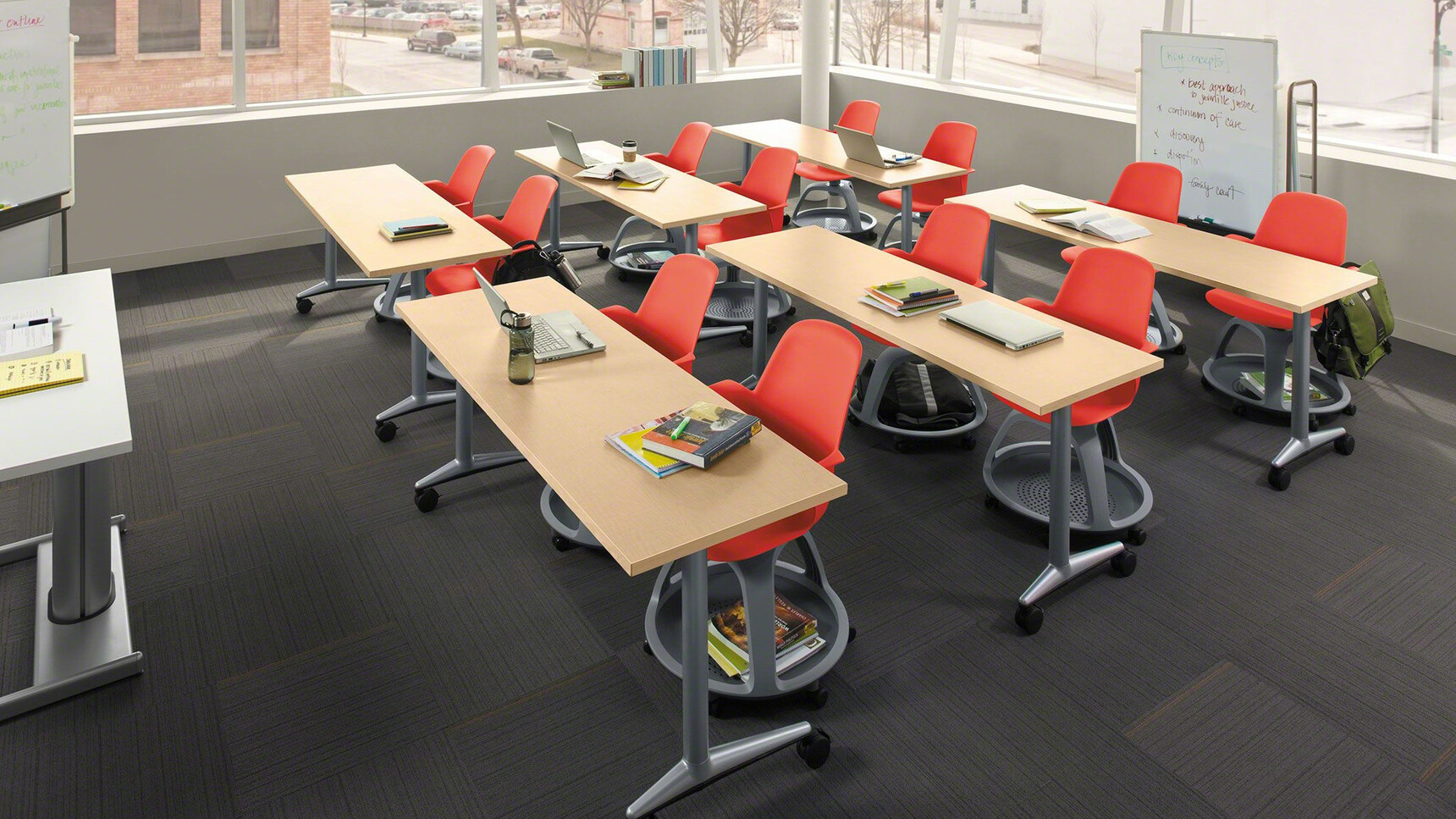 Twelve Steelcase Node Tripod Base Chairs without Table And Castors With Plastic Back And Seat In Red Finish At Desks With Wood Finish