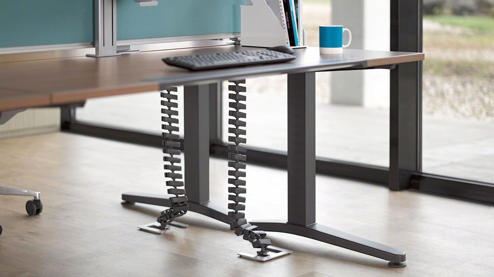 Two Steelcase Ology Fixed Height Desk With Dark Wood Finish And Black Leg Finish Detail Image