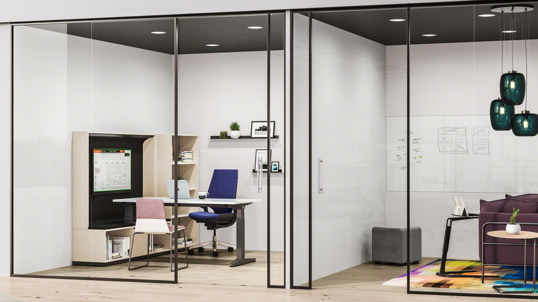 Steelcase Migration Height Adjustable Desk Black Legs White Top Finish Blue Gesture Wrapped Back Westside Meeting Chair Pink Upholstery Break Room